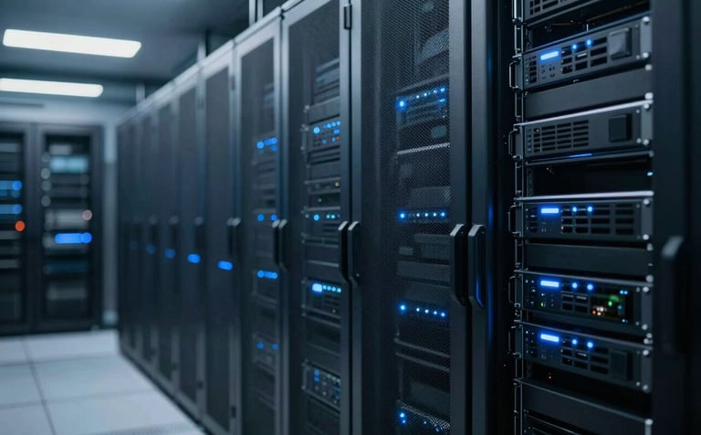 A high-tech server room with professional lighting, featuring rows of server racks with subtle glowing blue LED indicators. The composition is sleek and modern, incorporating brand colors #1C2E3C and #3A8D9B in the shadows and light reflections to convey reliability and innovation.