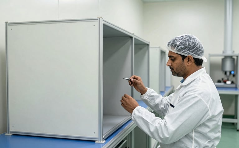 A professional technician in a white cleanroom suit inspecting a sleek modular partition wall in a South Asian / Indian industrial facility. The environment is sterile with bright Off-white walls and polished Steel Blue surfaces. High-precision photography, bright lighting.