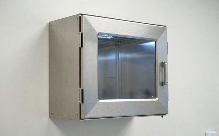 A stainless steel dynamic pass box integrated into a sterile laboratory wall in a South Asian / Indian research center. The design is modern and minimalist. Clean lighting reflecting off steel surfaces. Off-white and Steel Blue palette.