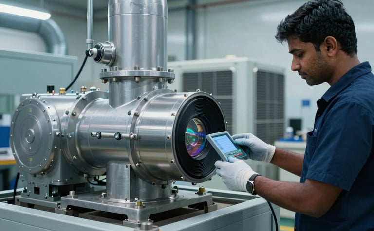 Industrial HVAC system components and an Air Handling Unit being calibrated by professionals in a South Asian / Indian factory setting. The machines are heavy-duty silver and steel. Clean and technologically advanced atmosphere, Soft Light Blue and Deep Navy tones.