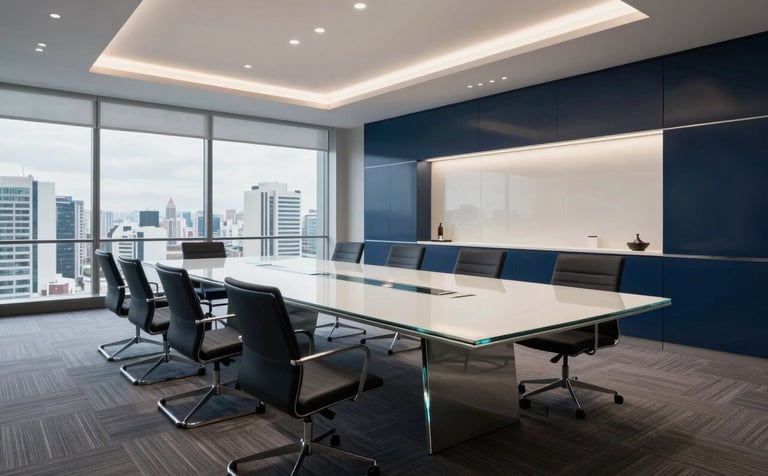 Wide-angle photography of a sophisticated boardroom in a South American corporate center. Elegant glass furniture, tidy workstations, and a scenic city view through a large window. High-end, professional lighting. Palette includes dark blue and off-white.