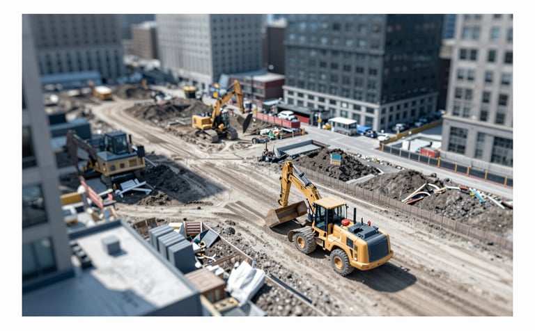An aerial perspective of an urban development site in New York. Heavy machinery like graders and loaders are visible on leveled ground. The site is meticulously organized, reflecting Andrew Horan's authoritative management style. The lighting is crisp, highlighting textures of soil and metal. Palette includes #9FB8C6 and #4C6A7F.