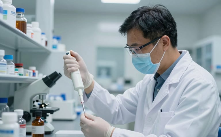 Professional photography of a scientist in a white lab coat using a pipette in a sterile, modern pharmaceutical laboratory with blue and white accents, North American / Global setting.