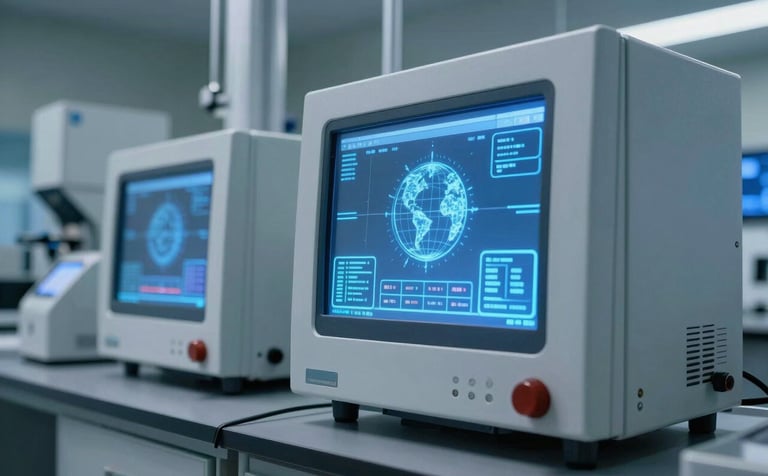High-tech laboratory equipment with glowing digital screens and blue lighting in a sophisticated North American / Global pharmaceutical research facility.