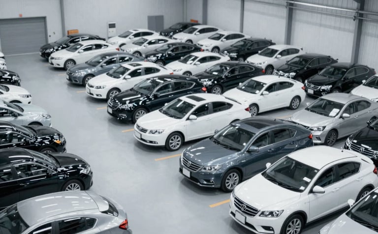 A high-angle professional shot of a spacious, organized Japanese car warehouse with rows of high-quality used sedans and SUVs. The lighting is clean and industrial, featuring a color palette of #F8F9FA and #405D7C accents, emphasizing reliability and scale.