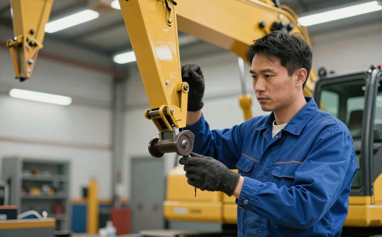 A focused close-up of a professional mechanic in blue overalls repairing a heavy-duty yellow construction crane in a clean workshop. The atmosphere is one of expertise and precision, using deep shadows and highlights of #405D7C and #A5BCCF.
