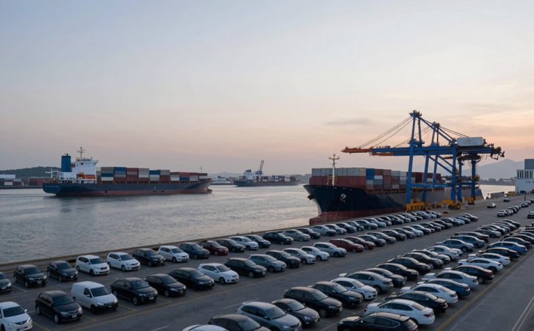 A wide cinematic shot of a major Japanese shipping port at dawn. Cargo ships are visible on the #1A2A38 water, with organized lines of cars ready for export. The sky is a soft #F8F9FA, representing global connectivity and trust.