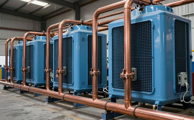 Industrial refrigeration equipment inside a Latin American / Spanish warehouse. The composition focuses on professional copper piping and sky blue cooling units. The style is modern, architectural, and conveys heavy-duty reliability with dark navy accents.