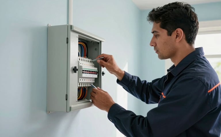A professional electrician in a Latin American / Spanish home, installing a modern electrical panel. The scene is bright and clean with soft morning light. The professional wears a dark navy uniform. The background shows pale mist blue walls and high-quality electrical components.