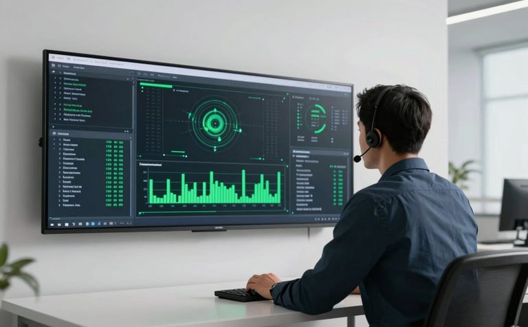 A professional IT support specialist in a clean, minimalist North American corporate setting, monitoring server status on a large wall display, high-tech and trustworthy ambiance with Soft White and Deep Green lighting.