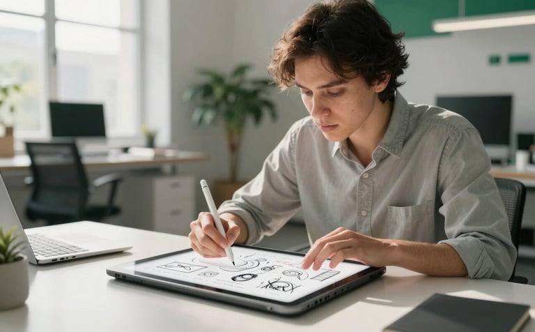 A focused product designer in a bright, modern North American office, using a digital stylus on a sleek tablet to sketch app interfaces, soft morning sunlight, professional atmosphere with Soft White and Deep Green accents in the decor.