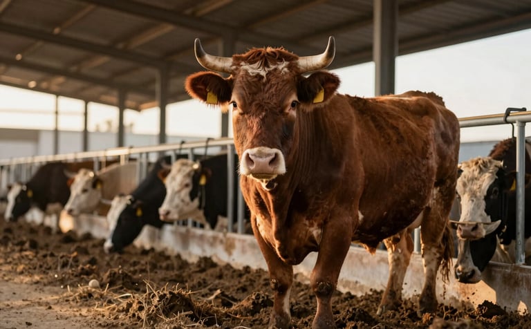 High-quality adult beef cattle in a modern, clean feedlot. Earthy tones #3F322B in the soil and structure. Golden hour lighting creates a warm, premium atmosphere emphasizing muscle and quality.