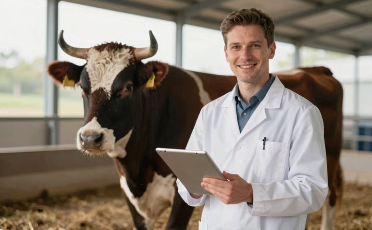 A professional livestock consultant holding a digital tablet next to a high-quality breeding bull. Background shows modern farm architecture in #F8F3EC tones. Lighting is clean and professional, symbolizing technical expertise.