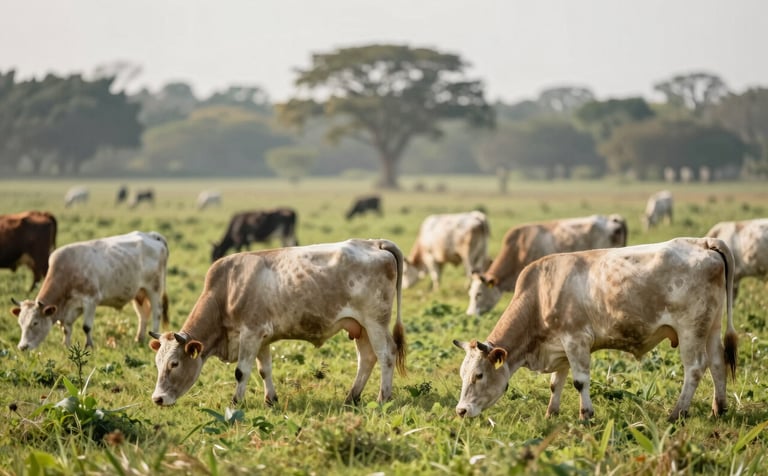 Wide professional shot of healthy young Nelore cattle grazing in a lush green pasture with the brand color #88A67B visible in the vegetation. Natural morning sunlight, modern agricultural scenery, focused on health and growth.