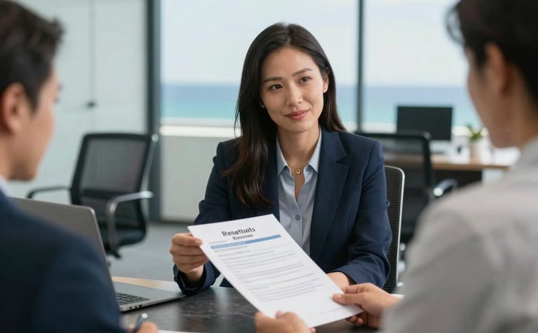 A professional immigration advisor in a bright, modern International / Australasian office environment, reviewing residency documents with a client. The composition is a medium shot with soft natural lighting, incorporating midnight slate furniture and ocean blue decor accents for a reliable atmosphere.
