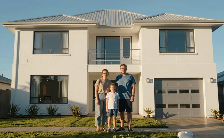 A wide-angle, warm photograph of a happy family standing in front of their new modern International / Australasian home. The lighting is bright afternoon sun, reflecting off frost white exterior walls and sky blue windows, conveying a sense of peace and successful settlement.