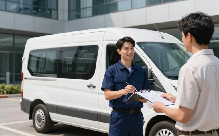 A professional mobile service van parked outside a modern North American / US office building. A technician is seen handing a clipboard to a customer. The scene is bright and professional, captured in a clean photography style with deep navy blue accents and soft cloud white highlights.