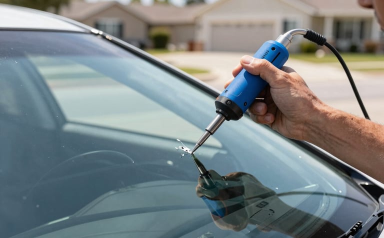 A close-up photograph of a professional technician's hand using a high-precision resin injection tool to repair a small chip on a car windshield. The scene is set in a bright, sunny North American / US suburban driveway. The lighting is crisp and natural, highlighting the clarity of the glass and the mist blue colors of the technician's equipment.