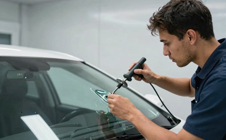 Professional photography of a technician in a modern, well-lit North American / US auto glass shop carefully installing a new windshield onto a vehicle. The technician uses specialized suction tools. The environment features a clean steel blue and cloud white palette, emphasizing a trustworthy and efficient service atmosphere.