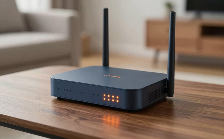 A close-up shot of a modern internet box router with glowing orange LED status lights on a wooden surface. The background is a slightly blurred, modern living room. The style is professional and tech-friendly, using #1E272E and #E67E22.