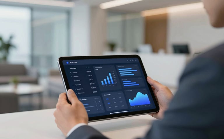 A professional using a digital dashboard on a tablet in a modern, well-lit executive lounge. The image conveys authority and technological advancement, featuring #1A2C38, #3A6076 and #94B0C7 colors.