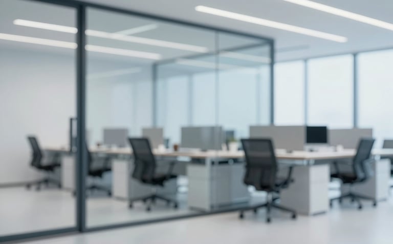 A clean, bright professional office interior with modern minimalist furniture. A glass wall reflects a soft blue light. The overall mood is high-end corporate, focusing on precision and clarity, incorporating subtle tones of #1A2C38 and #F8F9FA.
