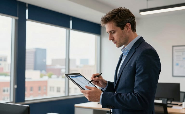 A professional in a North American / US office setting, wearing business casual attire, reviewing maintenance schedules on a digital tablet. The room is bright and modern with deep navy blue accents and soft off-white walls. Large windows show a hint of a Michigan city landscape in the background, conveying structured coordination.