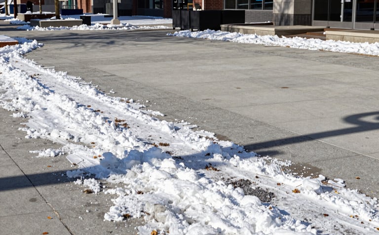 A clean, well-maintained public plaza in a North American / US municipality during winter, with neatly cleared snow and visible safety salting. The lighting is bright and crisp. The professional result reflects the meticulous accountability and reliability of property maintenance services.