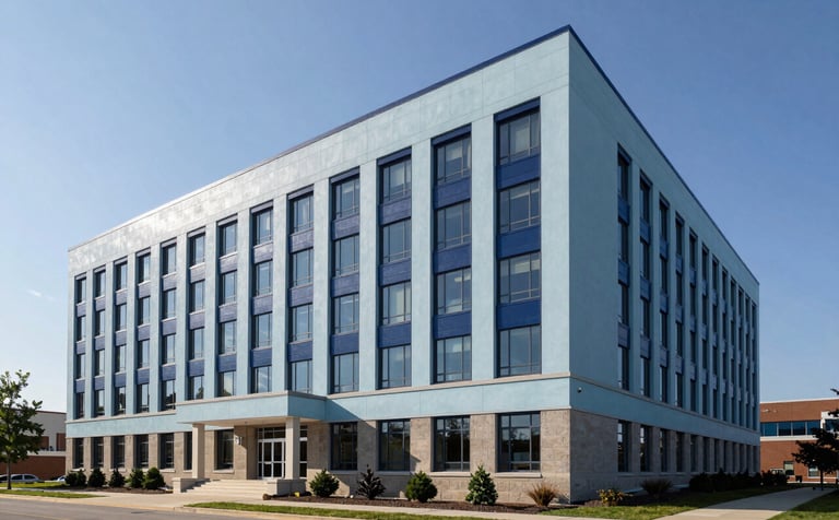 A wide-angle, professional architectural photograph of a modern North American / US municipal government building in Michigan during the daytime. The building features clean lines with a pale blue facade and deep navy blue window frames. The sky is a clear sky blue. The environment is meticulously maintained, reflecting high-standard facility management.