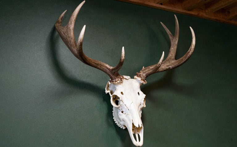 A professionally cleaned deer skull European mount with brilliant white bone, displayed against a dark forest green wall in a modern North American / US hunting lodge. The lighting is soft and natural, emphasizing the organic curves of the antlers.
