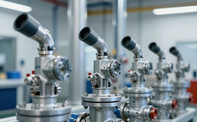 Detailed view of industrial spray nozzles and deluge fire valves from brands like Cla-Val and Tyco, arranged in a clean, professional industrial facility. Precision engineering style with #98C1D9 lighting accents.