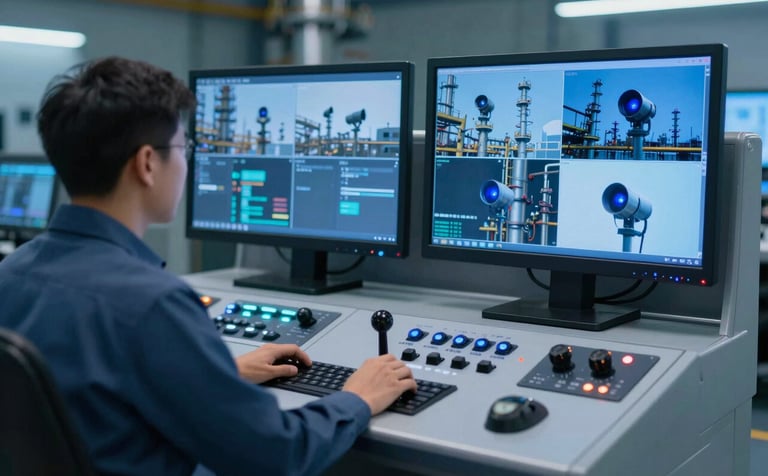 A high-tech control station featuring a joystick control box and multiple screens showing live feeds from UV IR flame detectors in a refinery. Blue technical lighting, professional safety design, featuring #3D5A80 and #E0FBFC.