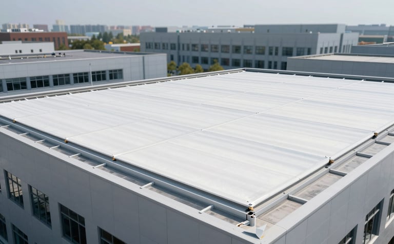 A clean, industrial perspective of a commercial flat roof installation on a modern office building. The style is sleek and professional, showing precise roofing craftsmanship with white TPO membrane. Mood is reliability and excellence. Colors include #88A0AD and #F5F8FA.