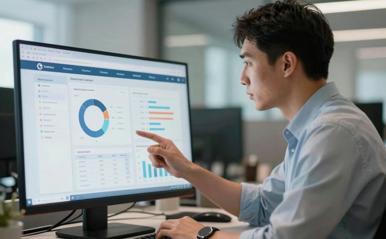 A focused professional in a modern Global / International office environment reviewing search analytics data on a clean screen, soft lighting with accents of Slate Blue and Pale Mist, cinematic photography style.