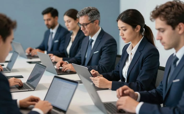 A group of professionals in a Global / International training session using tablets and laptops, focused on learning, Slate Blue and Dark Navy decor, modern professionalism.