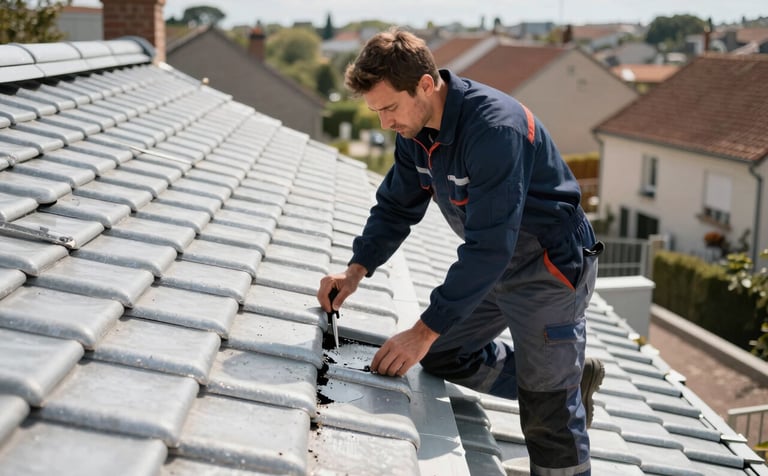 A professional roofing expert in workwear inspecting a tile roof for leaks in a European French neighborhood. High angle shot, focused on craftsmanship, bright daylight, clean and trustworthy atmosphere, with silver and dark blue tones from the brand palette.