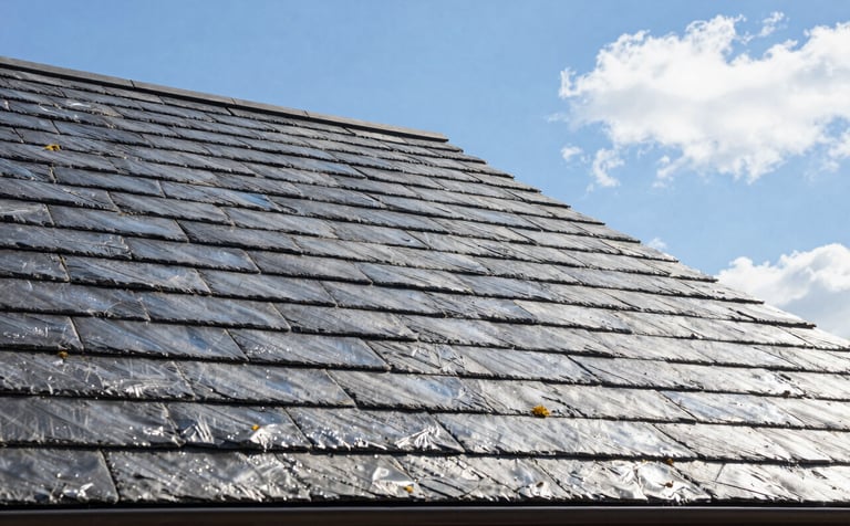 Clean shot of a perfectly maintained slate roof under a clear blue sky, showing professional moss removal results on a European residential home. Bright, reliable, and professional aesthetic with silver and clouds white tones.