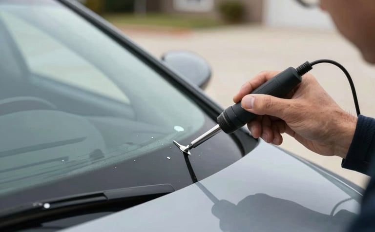 A close-up photograph of a professional technician's hand using a precision resin tool to repair a small chip in a windshield. A luxury car is parked in a clean North American driveway under soft, sophisticated daylight. The composition is clean and focused, reflecting a gray-blue and light gray color palette.