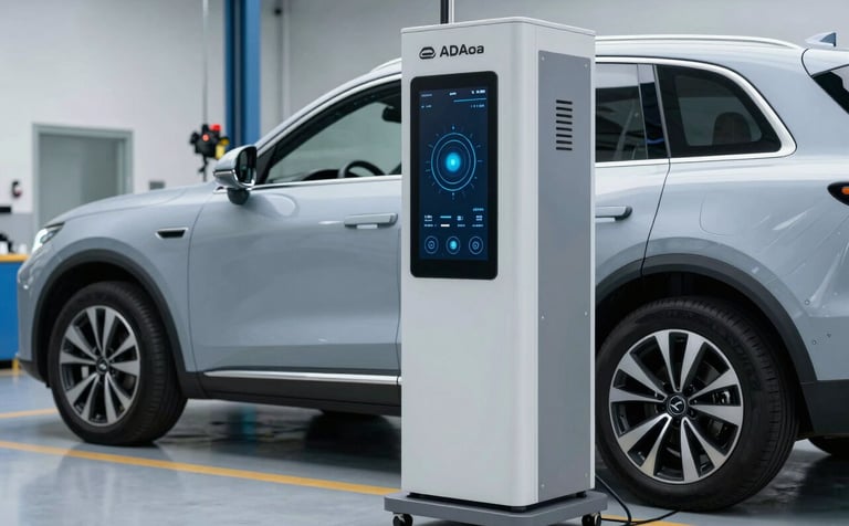 A high-tech digital ADAS calibration device positioned in front of a modern SUV in a professional North American service bay. The image exudes technical excellence and precision, featuring a palette of light gray and sophisticated gray-blue tones.