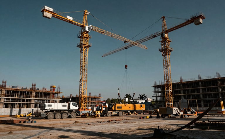A dynamic shot of a large-scale construction site in a South Asian industrial zone. Cranes are positioning heavy equipment. The lighting is late afternoon, casting long shadows. Robust, engineering-focused aesthetic with dark blue and grey tones.