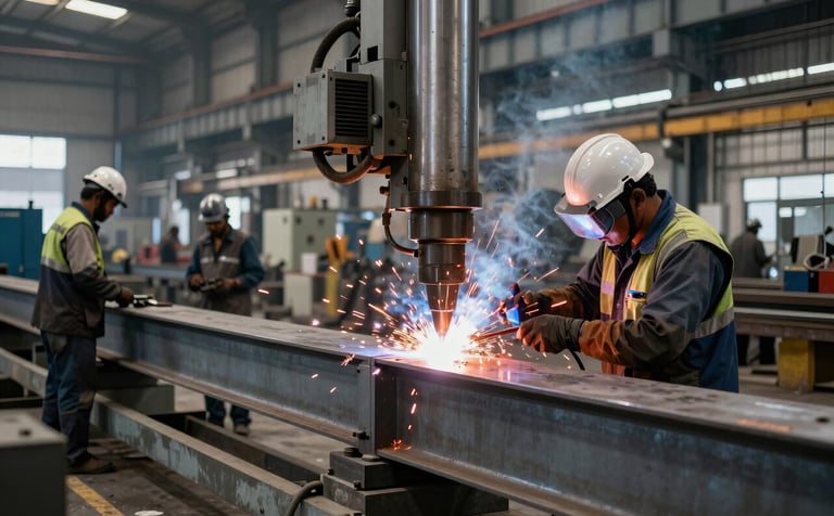A high-action industrial workshop in India with workers in safety gear operating heavy machinery. Large steel beams are being fabricated. Orange sparks from welding contrast with the steel grey environment. Sharp focus, professional industrial photography style.