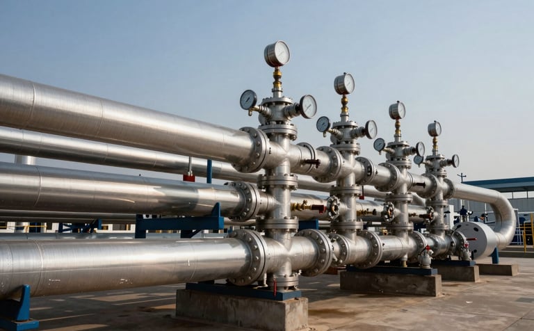 A wide-angle professional photograph of high-pressure industrial steel piping systems at a South Asian hydrocarbon facility. The pipes are polished and clean, with technical gauges and valves visible. Natural daylight highlights the metallic textures against a clear sky. Strong, technical composition.