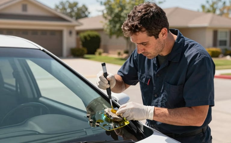A professional technician in a clean uniform carefully applying specialized resin to a small rock chip on a car windshield. The scene is set in a sunny North American suburban driveway with high-quality, clear lighting emphasizing precision.