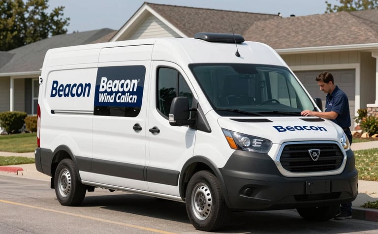 A sleek white mobile service van with professional Beacon Windshield branding parked on a clean North American residential street. A technician is organized and ready, conveying trust and efficiency.