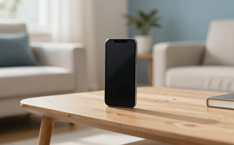 Professional photography of a minimalist smartphone sitting on a light oak coffee table in a sun-drenched North American living room. The background is a soft-focus interior with off-white and mid blue accents. The lighting is airy and serene, conveying digital well-being.