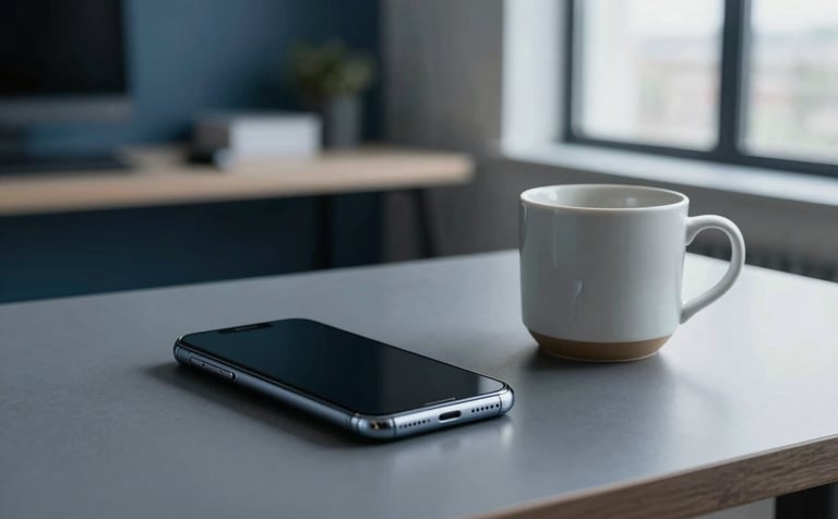 High-end architectural photography of a modern home office in a North American city. A sleek smartphone lies on a desk next to a ceramic mug. The color palette includes deep blues and soft greys. The composition is clean, organized, and professional.