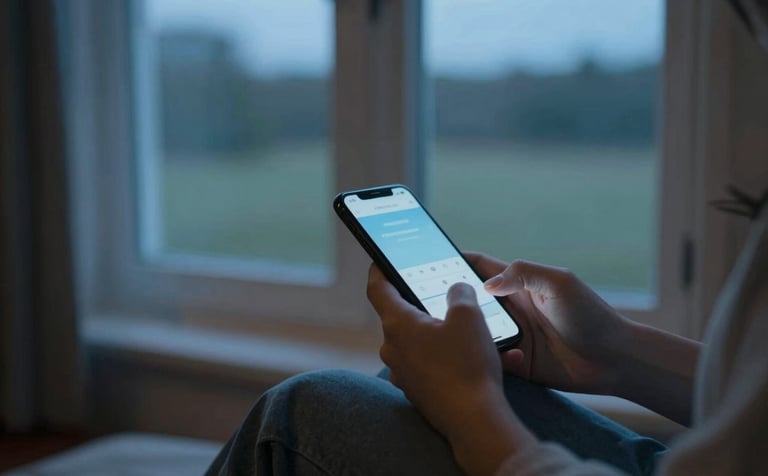 Photography of a peaceful evening scene in a cozy North American home. A person's hands are visible holding a mobile device near a window with soft dusk light. The mood is calm and quiet, focusing on comfortable, high-quality textures and soft light blue tones.
