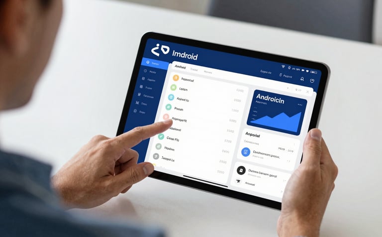 High-quality photography of a user interacting with an Android tablet in a North American / US corporate environment. The screen shows a sophisticated data management app with deep blue accents. Bright, airy, and professional atmosphere.