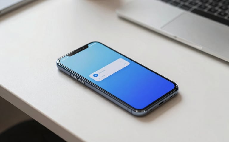 Photography of a sleek Android smartphone sitting on a clean off-white desk in a North American / US home office. The screen glows with a light blue and deep blue productivity interface. Natural soft side lighting, minimalist and professional aesthetic.