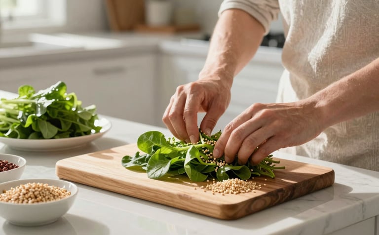 North American / US home setting. A bright, airy kitchen where a person is carefully preparing a meal with fresh greens and whole grains, referencing a printed educational guide. Soft morning sunlight, professional high-quality photography, conveying a sense of health and accessibility.